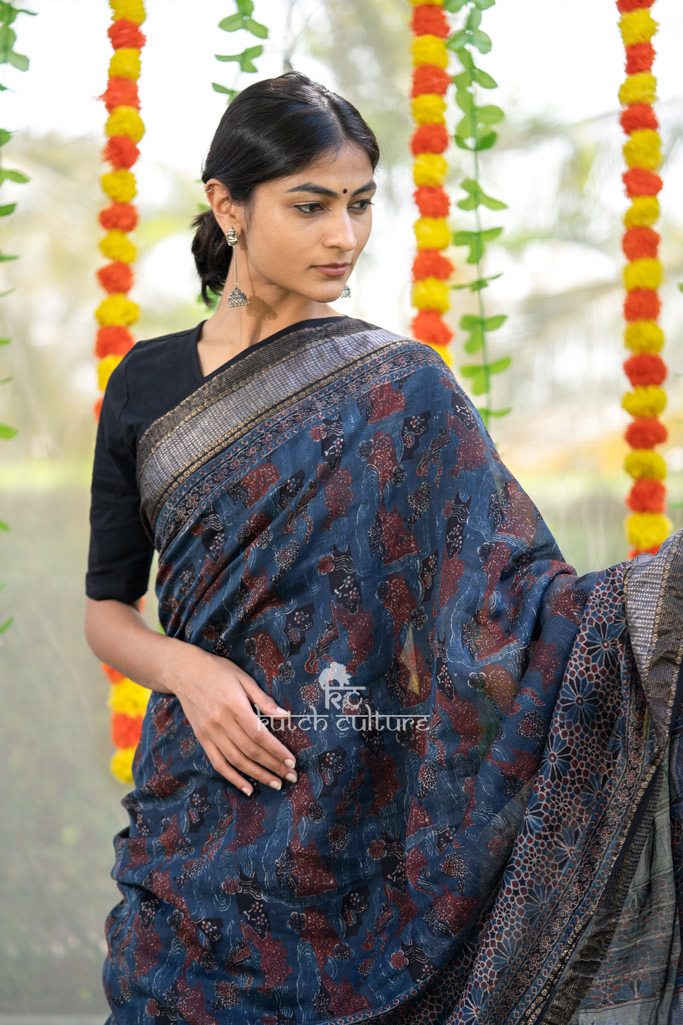 Buy Designer maheshwari silk ajrakh saree | Kutchculture