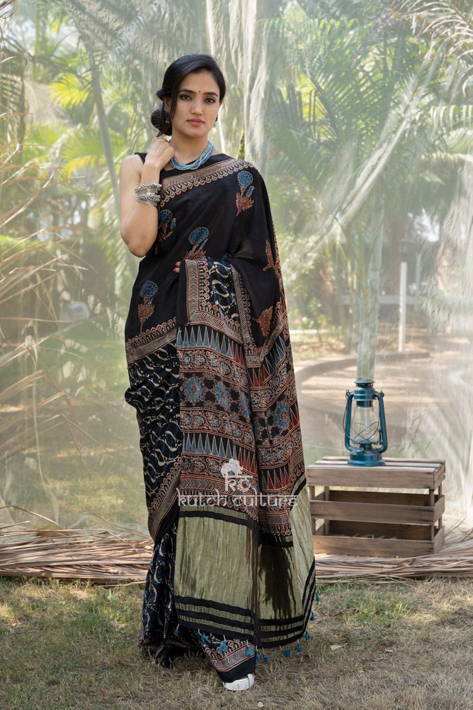 Gulmohar - hand block printed Ajrakh modal silk saree | The Maggam  Collective