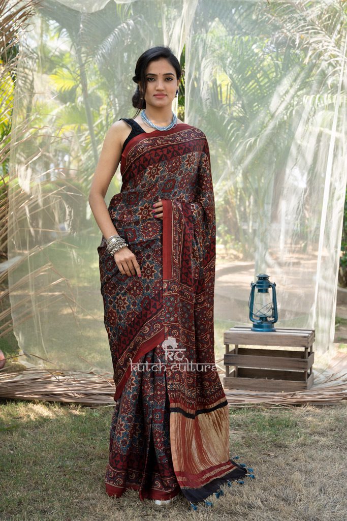 Zynah Pure Modal Silk Ajrakh Saree with Tissue Pallu, Handblock Prints –  ZynahDesign