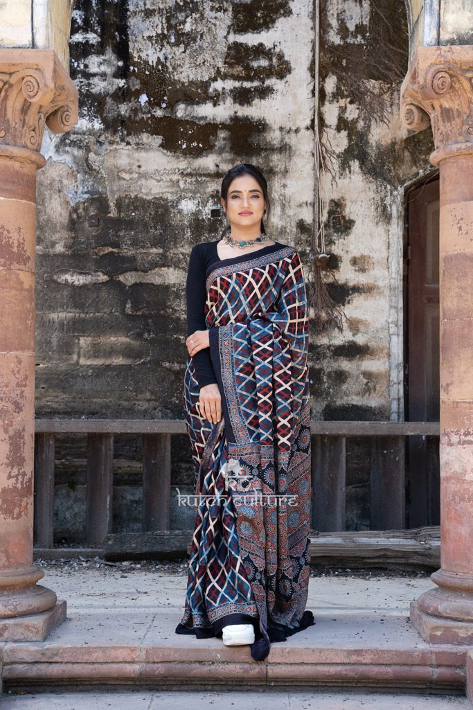 Elegant ajrakh saree modal silk for woman - Kutchculture
