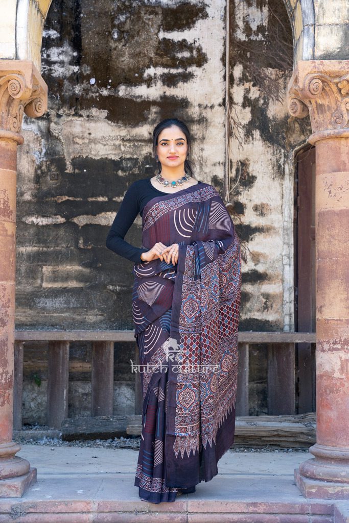 Handcrafted modal silk saree with traditional Ajrakh prints in vegetable  dyes – Bhoomi Handicrafts